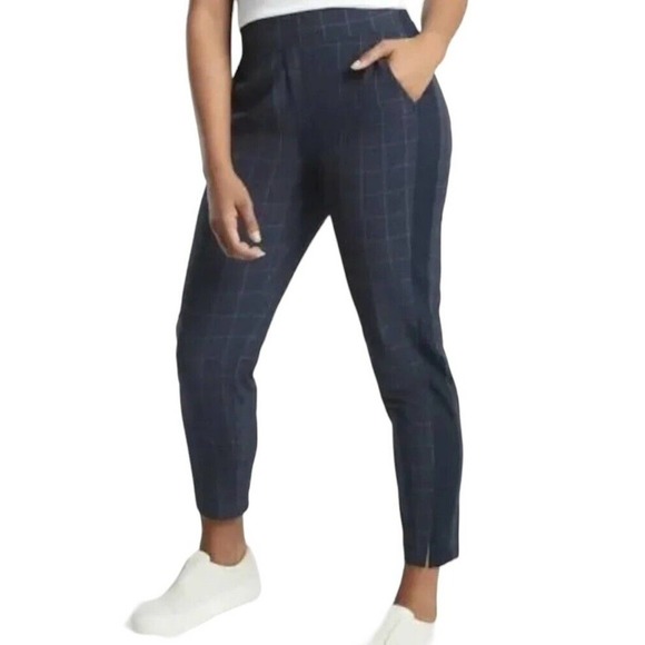 Athleta Brooklyn Textured Pull On Ankle Pants Women Sz 22 Navy Blue Windowpane - Picture 1 of 15